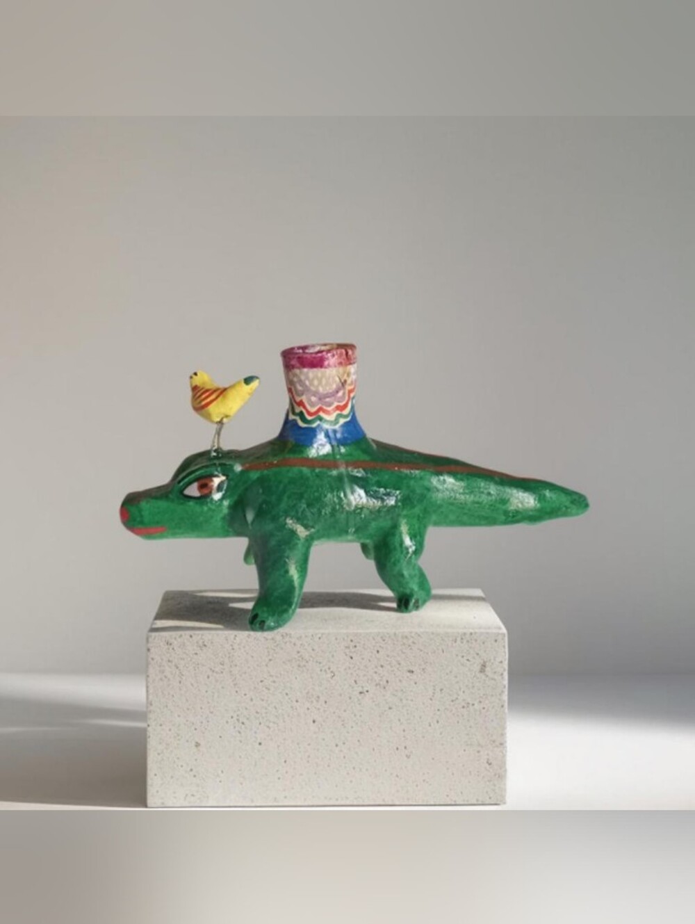 Vintage Alligator Figurine with Yellow Bird Mexico Folk Art Candlestick